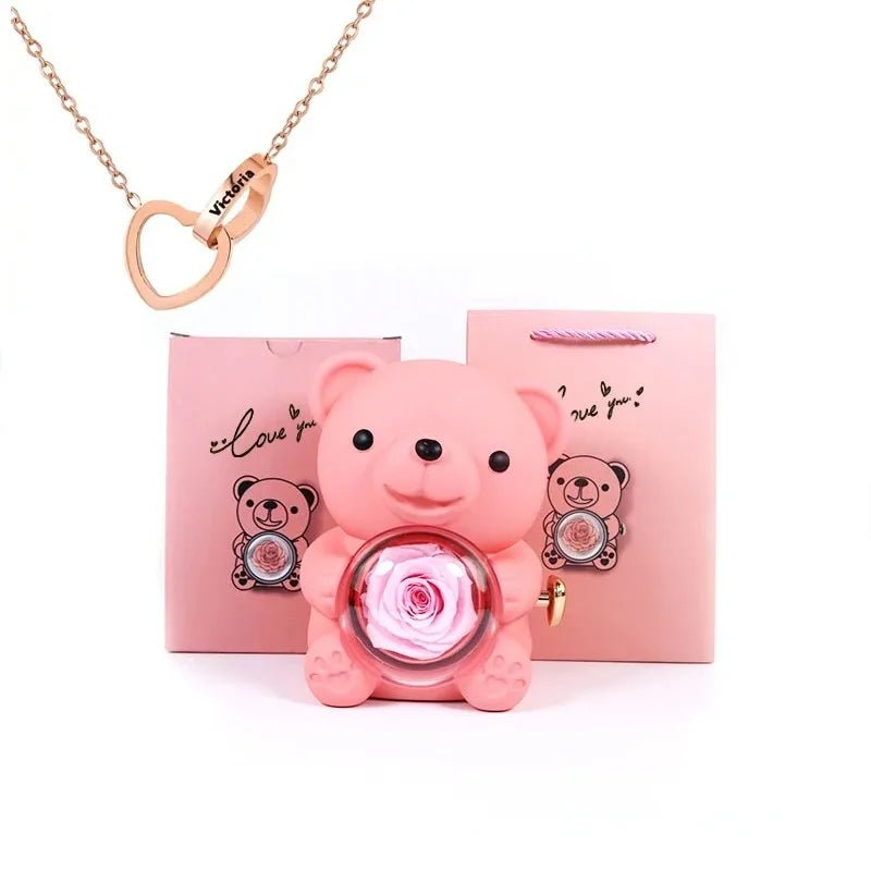 Forever Rose Teddy Bear With Name Necklace - Havenstash