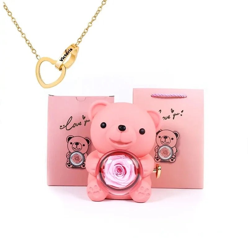 Forever Rose Teddy Bear With Name Necklace - Havenstash