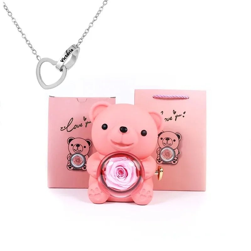 Forever Rose Teddy Bear With Name Necklace - Havenstash