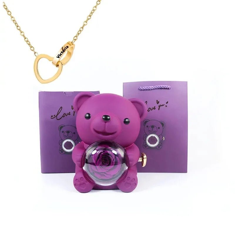 Forever Rose Teddy Bear With Name Necklace - Havenstash